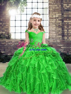 Green Organza Lace Up Straps Sleeveless Floor Length Pageant Dress Toddler Beading and Ruffles