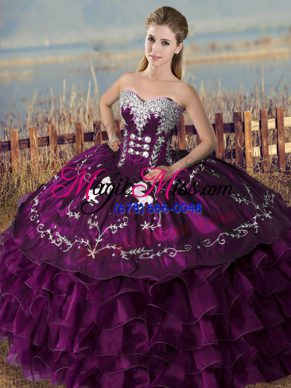 Most Popular Sweetheart Sleeveless Quinceanera Gown Floor Length Embroidery and Ruffles Purple Satin and Organza