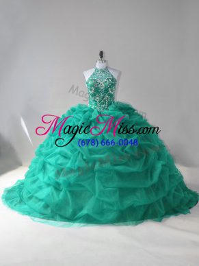 Court Train Ball Gowns Vestidos de Quinceanera Turquoise Halter Top Tulle Sleeveless Lace Up