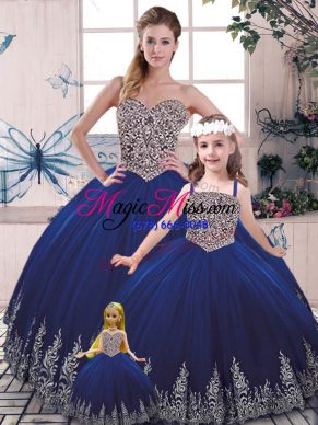 Sleeveless Tulle Floor Length Lace Up Vestidos de Quinceanera in Royal Blue with Beading and Appliques