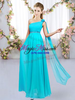 Decent Aqua Blue Sleeveless Floor Length Beading and Hand Made Flower Lace Up Quinceanera Dama Dress