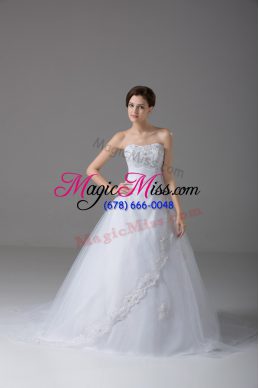 White Tulle Lace Up Strapless Sleeveless Wedding Dresses Brush Train Beading and Lace