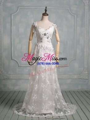 White Empire V-neck Cap Sleeves Lace Brush Train Side Zipper Beading and Lace Wedding Gown