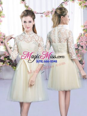 Ideal Mini Length Champagne Bridesmaids Dress High-neck Half Sleeves Lace Up