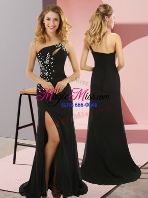 Exquisite Elastic Woven Satin Sleeveless Prom Party Dress Sweep Train and Beading