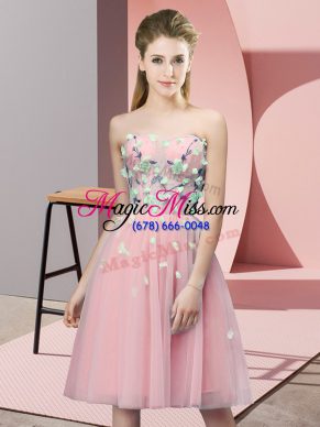 Cute Sweetheart Sleeveless Quinceanera Court of Honor Dress Knee Length Appliques Pink Tulle