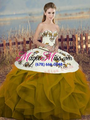 Stunning Brown Ball Gowns Tulle Sweetheart Sleeveless Embroidery and Ruffles and Bowknot Floor Length Lace Up Quinceanera Gowns