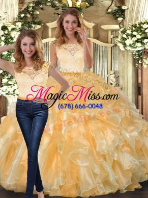 Charming Gold Organza Clasp Handle Scoop Sleeveless Floor Length Sweet 16 Dress Lace and Ruffles