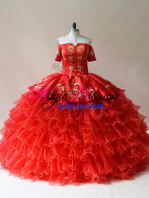 Dazzling Red Ball Gowns Organza Off The Shoulder Sleeveless Embroidery and Ruffled Layers Floor Length Lace Up Sweet 16 Dress