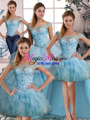 Off The Shoulder Sleeveless Quince Ball Gowns Floor Length Beading and Ruffles Light Blue Organza