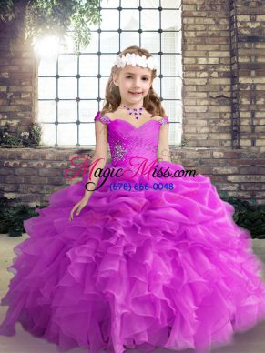 Modern Beading and Ruffles and Pick Ups Little Girl Pageant Dress Fuchsia Lace Up Sleeveless Floor Length