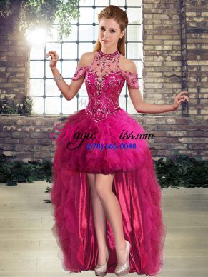 Top Selling Sleeveless Tulle High Low Lace Up Casual Dresses in Fuchsia with Beading and Ruffles