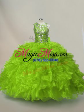 Latest Green Ball Gowns Ruffles and Sequins Quinceanera Gown Lace Up Organza Sleeveless Floor Length