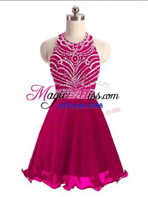 Elegant Sleeveless Chiffon Mini Length Lace Up Evening Dress in Hot Pink with Beading