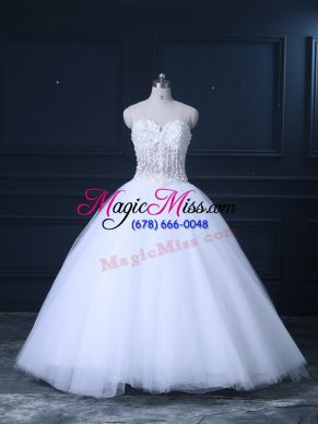 Adorable White Lace Up Sweetheart Beading Wedding Dress Tulle Sleeveless Brush Train