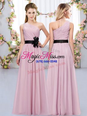 Eye-catching Pink Sleeveless Floor Length Belt Zipper Court Dresses for Sweet 16