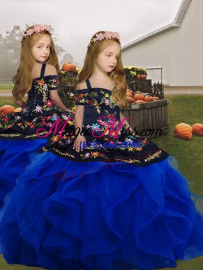 Sleeveless Floor Length Embroidery and Ruffles Lace Up Little Girl Pageant Dress with Royal Blue