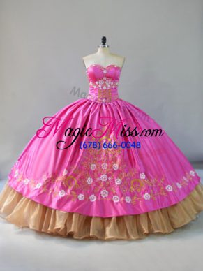 Rose Pink Lace Up Quince Ball Gowns Embroidery Sleeveless Floor Length