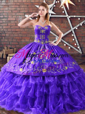 Custom Fit Purple Ball Gowns Sweetheart Sleeveless Satin and Organza Floor Length Lace Up Embroidery and Ruffled Layers 15 Quinceanera Dress