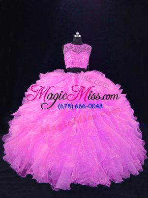 Sleeveless Floor Length Beading and Ruffles Zipper Quince Ball Gowns with Pink