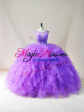 Suitable Purple Tulle Lace Up Sweet 16 Dresses Sleeveless Floor Length Beading and Ruffles