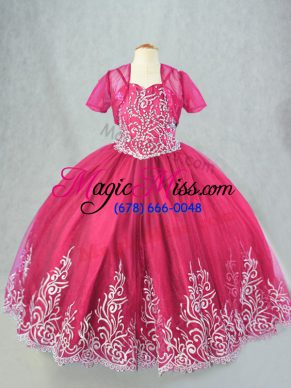 Sleeveless Tulle Floor Length Lace Up Little Girl Pageant Dress in Hot Pink with Beading and Embroidery