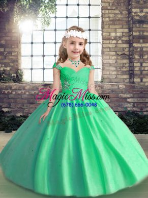 Floor Length Apple Green Kids Pageant Dress Straps Sleeveless Lace Up