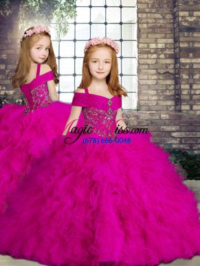 Fuchsia Tulle Lace Up Girls Pageant Dresses Sleeveless Floor Length Beading and Ruffles