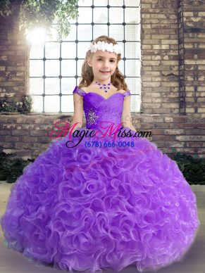 On Sale Purple Straps Sleeveless Fabric With Rolling Flowers Floor Length Beading and Ruching Little Girl Pageant Dress