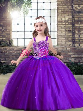 Purple Tulle Lace Up Child Pageant Dress Sleeveless Floor Length Beading