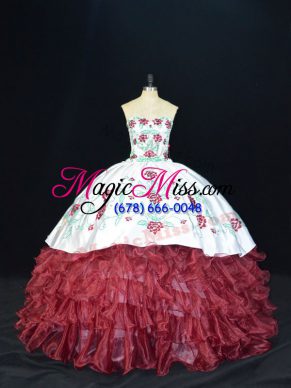 Romantic Burgundy Organza Lace Up Sweetheart Sleeveless Floor Length Sweet 16 Dress Embroidery and Ruffles