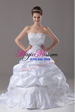 Shining Ball Gowns Sleeveless White Wedding Gown Brush Train Lace Up