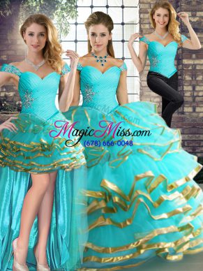 Colorful Three Pieces Quinceanera Gowns Aqua Blue Off The Shoulder Tulle Sleeveless Floor Length Lace Up