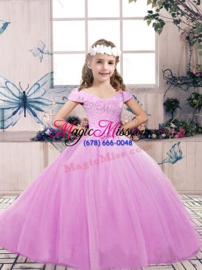 Adorable Lilac Sleeveless Floor Length Lace and Belt Lace Up Girls Pageant Dresses