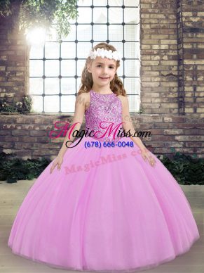 Great Lilac Sleeveless Floor Length Beading Lace Up Little Girls Pageant Gowns