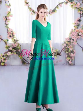 Custom Made Turquoise Empire V-neck Half Sleeves Satin Ankle Length Zipper Ruching Bridesmaid Dresses