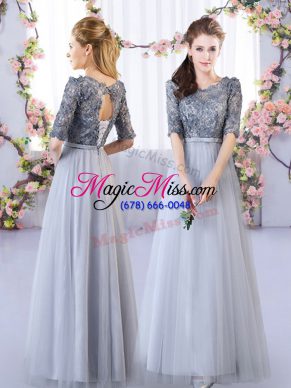Hot Sale Grey Empire Tulle Scoop Half Sleeves Appliques Floor Length Lace Up Bridesmaids Dress