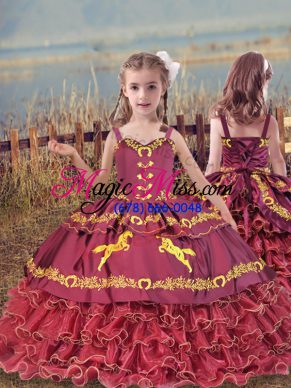 Eye-catching Wine Red Straps Neckline Beading and Embroidery and Ruffled Layers Little Girls Pageant Dress Wholesale Sleeveless Lace Up