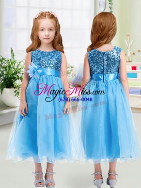 Baby Blue Empire Scoop Sleeveless Organza Tea Length Zipper Sequins and Hand Made Flower Toddler Flower Girl Dress