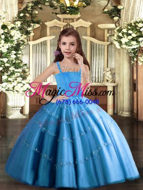 Fantastic Floor Length Lace Up Little Girl Pageant Dress Baby Blue for Party and Sweet 16 and Wedding Party with Beading