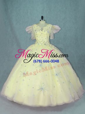 Affordable Yellow Zipper Ball Gown Prom Dress Beading Short Sleeves Floor Length