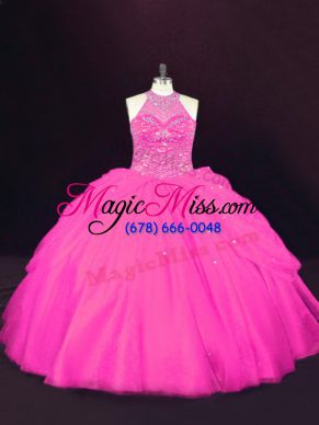 Beading Quince Ball Gowns Hot Pink Lace Up Sleeveless Floor Length