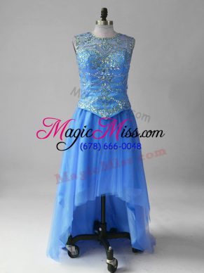 Classical High Low Empire Sleeveless Blue Dress for Prom Brush Train Lace Up