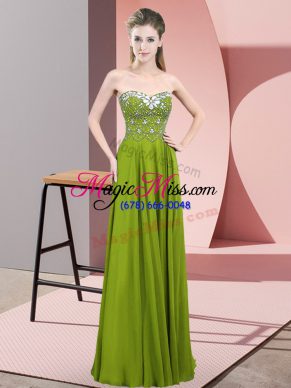 Eye-catching Olive Green Chiffon Zipper Dress for Prom Sleeveless Floor Length Beading