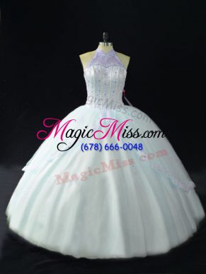 Delicate Sleeveless Floor Length Beading Lace Up 15 Quinceanera Dress with Blue