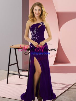 Glittering Beading Prom Party Dress Purple Lace Up Sleeveless Sweep Train