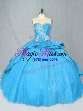 Sleeveless Satin and Tulle Court Train Lace Up 15th Birthday Dress in Baby Blue with Embroidery