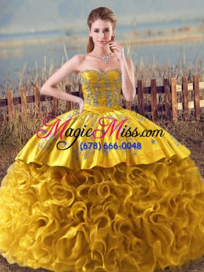 Floor Length Lace Up Quinceanera Dresses Gold for Sweet 16 and Quinceanera with Embroidery and Ruffles