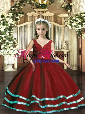 Trendy Floor Length Ball Gowns Sleeveless Wine Red Little Girl Pageant Dress Backless
