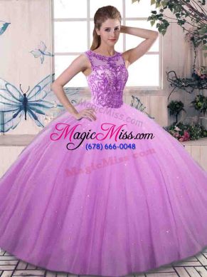 Discount Lilac Tulle Lace Up Scoop Sleeveless Floor Length Sweet 16 Dress Beading